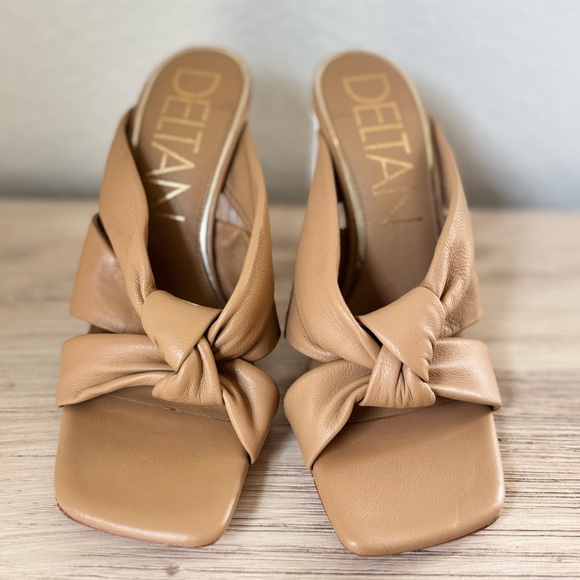 Deltan Kira Puffy Leather Square Toe Sandals Tan Knotted Heels . Size 5.5 - Picture 3 of 8